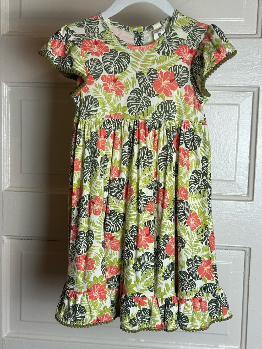 Kate Quinn Tropical Hibiscus Monstera Leaf Print Pompom Dress